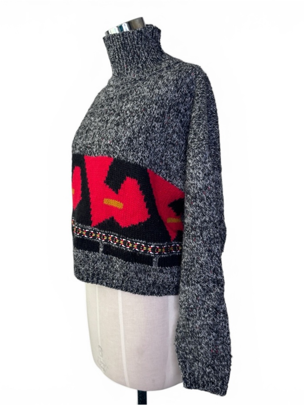 Vintage Black, Gray and Red Geometric Abstract Turtleneck Wool Sweater M - Picture 3 of 5